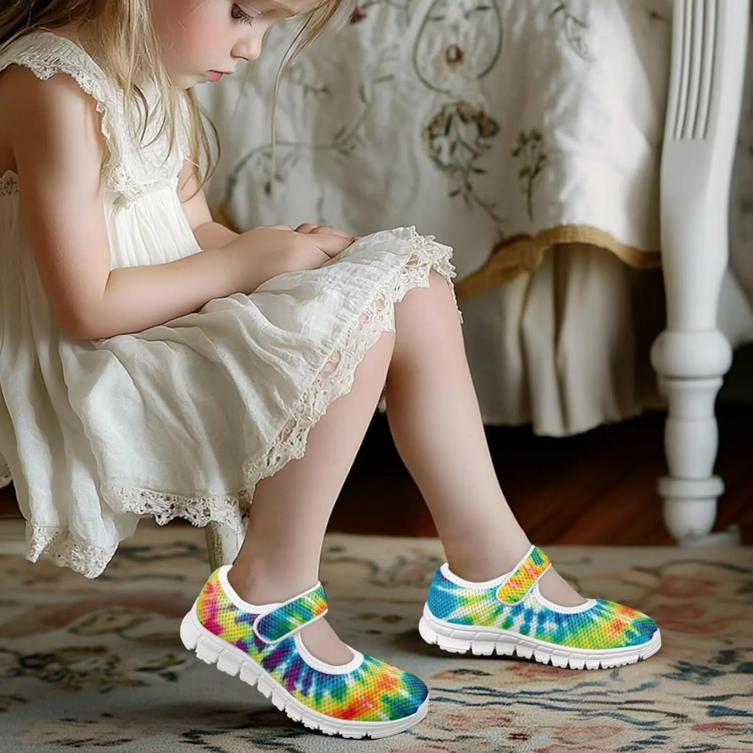 Little Girls Tie Dye Rainbow Mary Janes Shoes Ballet Flats Dress Shoe School Party Walking Shoes