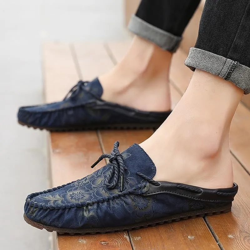 Loafers for Men Floral Vegan Leather Half Moccasins Loafers Shoes Flat Heel Slip Resistant Lightweight Party Slip-ons