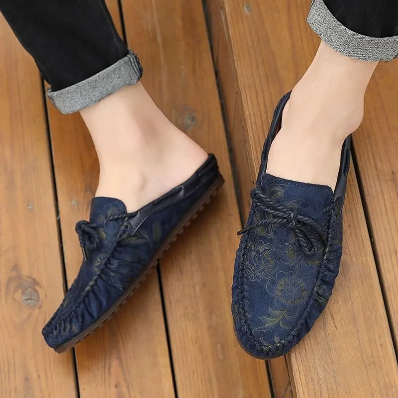 Loafers for Men Floral Vegan Leather Half Moccasins Loafers Shoes Flat Heel Slip Resistant Lightweight Party Slip-ons