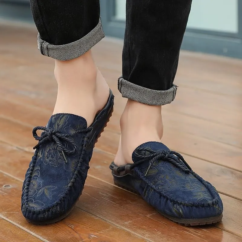 Loafers for Men Floral Vegan Leather Half Moccasins Loafers Shoes Flat Heel Slip Resistant Lightweight Party Slip-ons