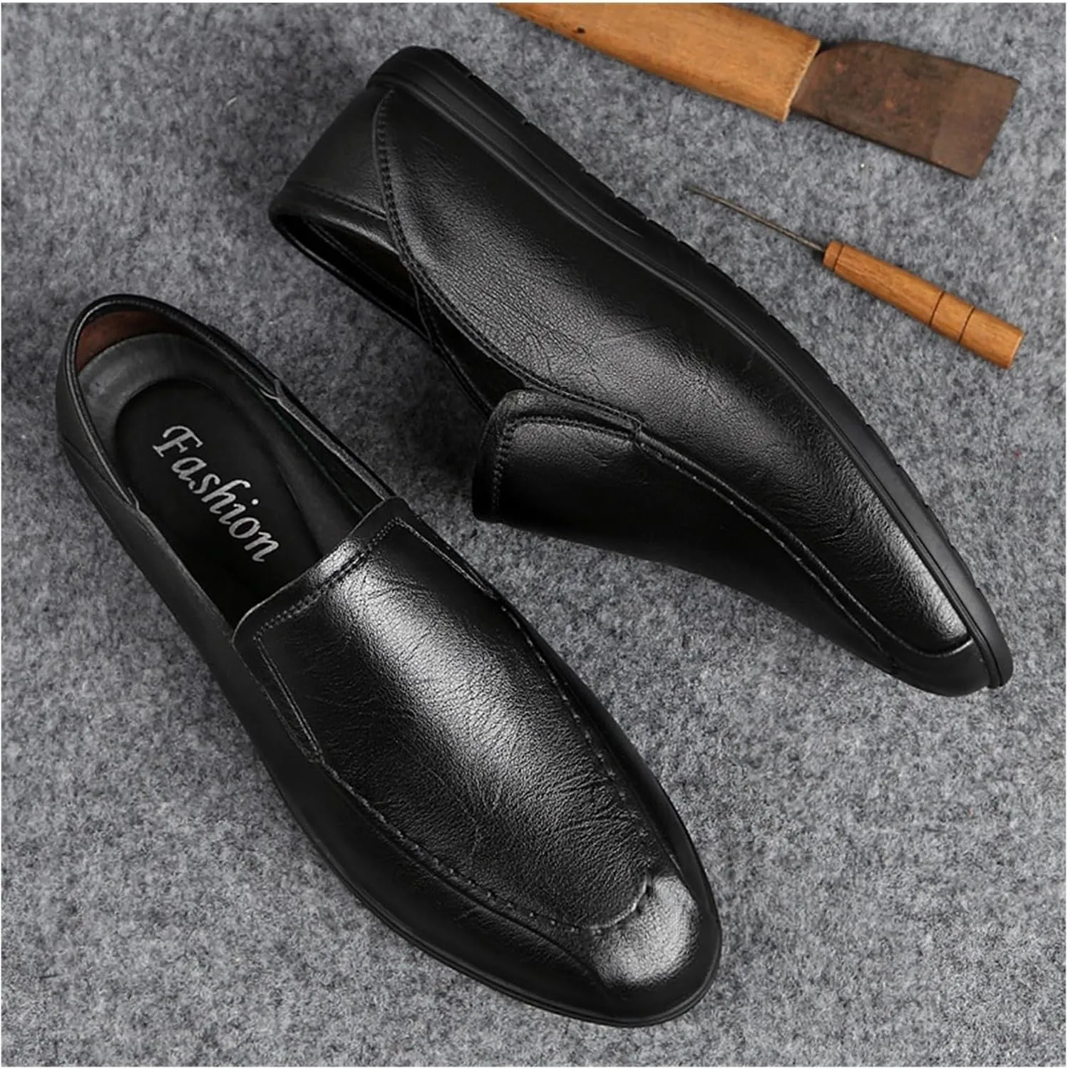 Loafers for Men Vegan Leather Round Toe Breathable Lightweight Flat Heel Slip Resistant Walking Slip-ons
