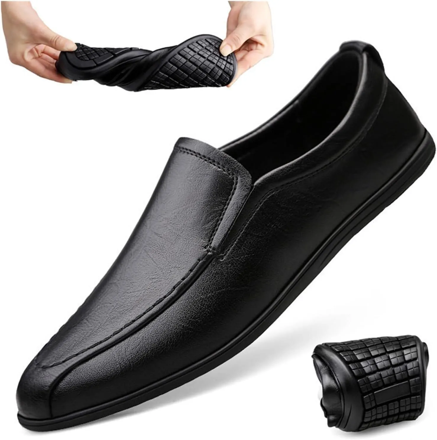 Loafers for Men Vegan Leather Round Toe Breathable Lightweight Flat Heel Slip Resistant Walking Slip-ons