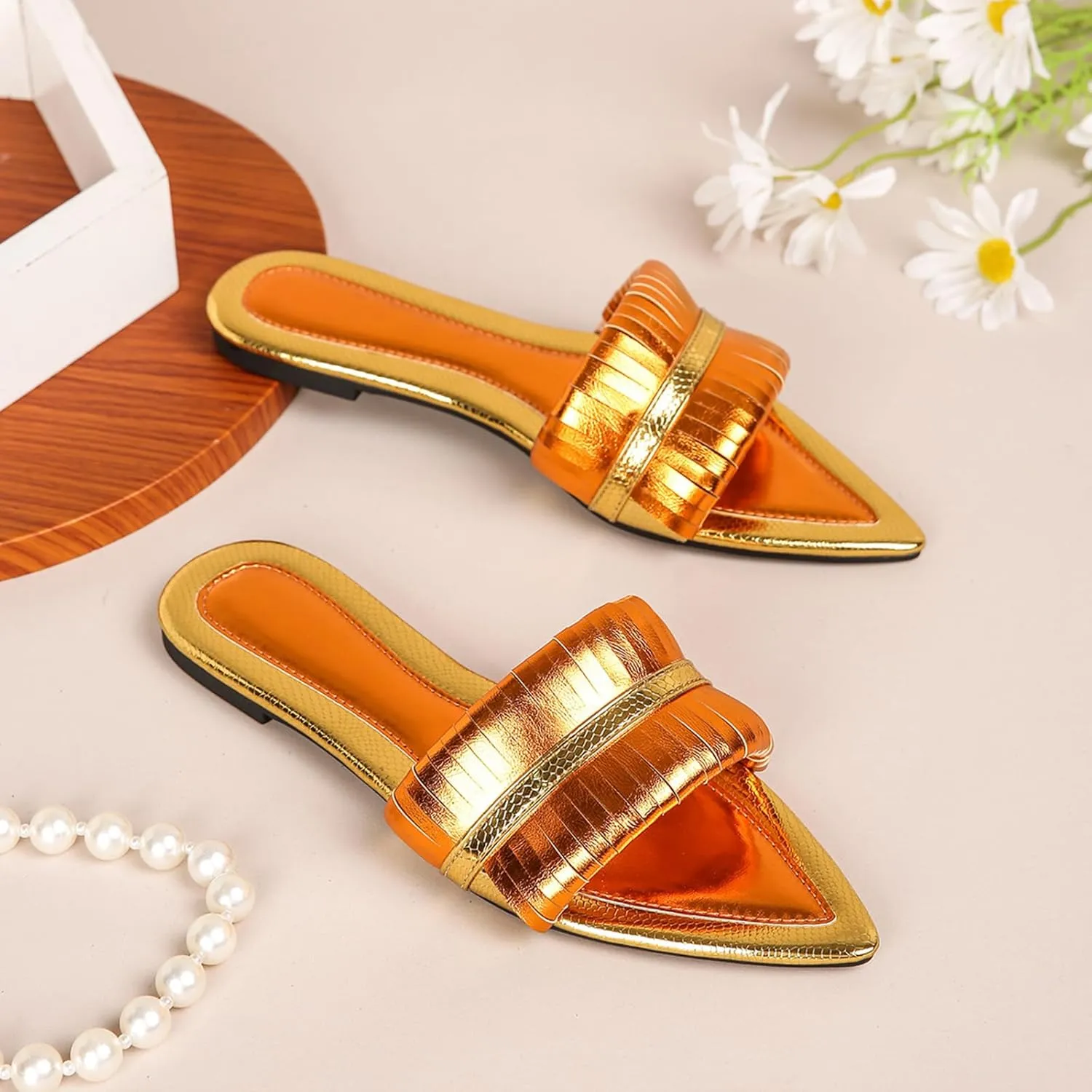 Lossarye Women's Metallic Leather Pointed Toe Flat Slide Sandals Open Toe Lightweight Non-slip Slip On Dressy Sandals