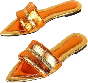 Lossarye Women's Metallic Leather Pointed Toe Flat Slide Sandals Open Toe Lightweight Non-slip Slip On Dressy Sandals