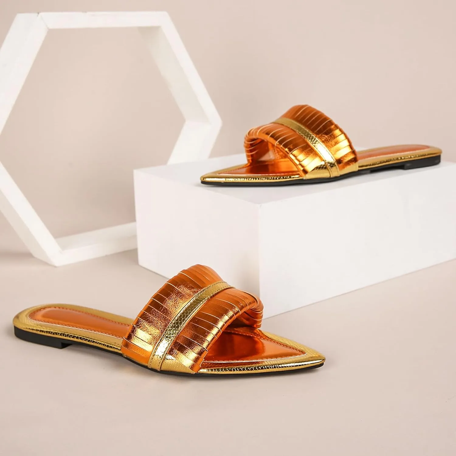 Lossarye Women's Metallic Leather Pointed Toe Flat Slide Sandals Open Toe Lightweight Non-slip Slip On Dressy Sandals