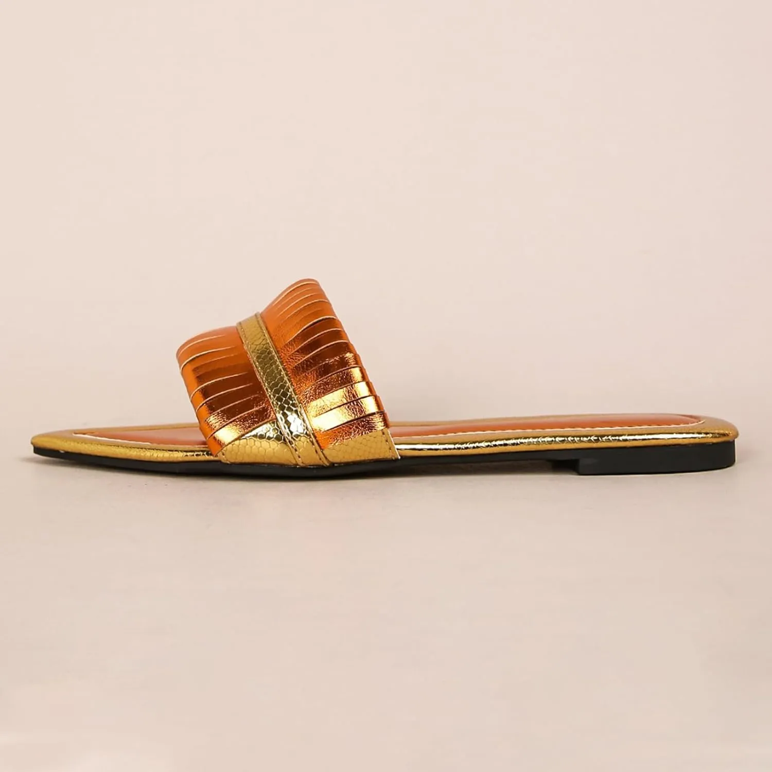Lossarye Women's Metallic Leather Pointed Toe Flat Slide Sandals Open Toe Lightweight Non-slip Slip On Dressy Sandals