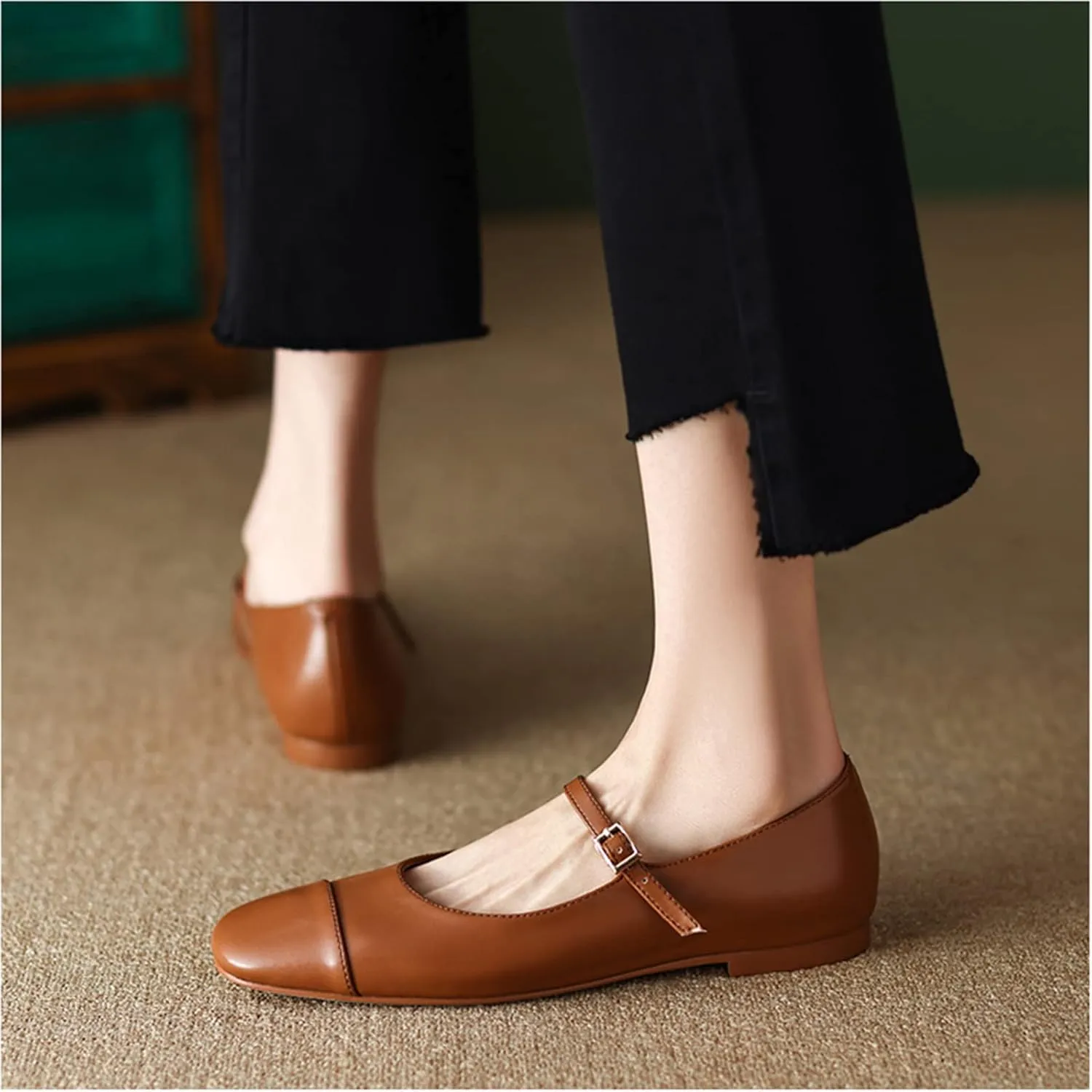 Lutalica W Women's Stylish Closed Cap Toe Matte Leather Two-Tone Instep Strap Ballet Flats Office Lady Comfort Round Toe Dress Mary Jane Flat Pumps Shoes