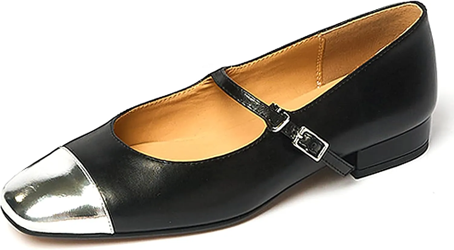 Lutalica W Women's Stylish Closed Cap Toe Matte Leather Two-Tone Instep Strap Ballet Flats Office Lady Comfort Round Toe Dress Mary Jane Flat Pumps Shoes