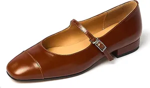 Lutalica W Women's Stylish Closed Cap Toe Matte Leather Two-Tone Instep Strap Ballet Flats Office Lady Comfort Round Toe Dress Mary Jane Flat Pumps Shoes
