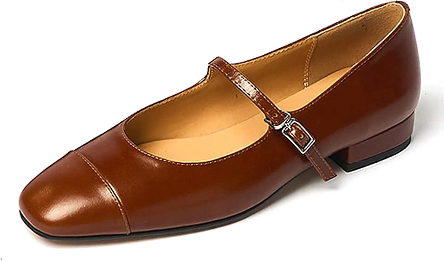 Lutalica W Women's Stylish Closed Cap Toe Matte Leather Two-Tone Instep Strap Ballet Flats Office Lady Comfort Round Toe Dress Mary Jane Flat Pumps Shoes