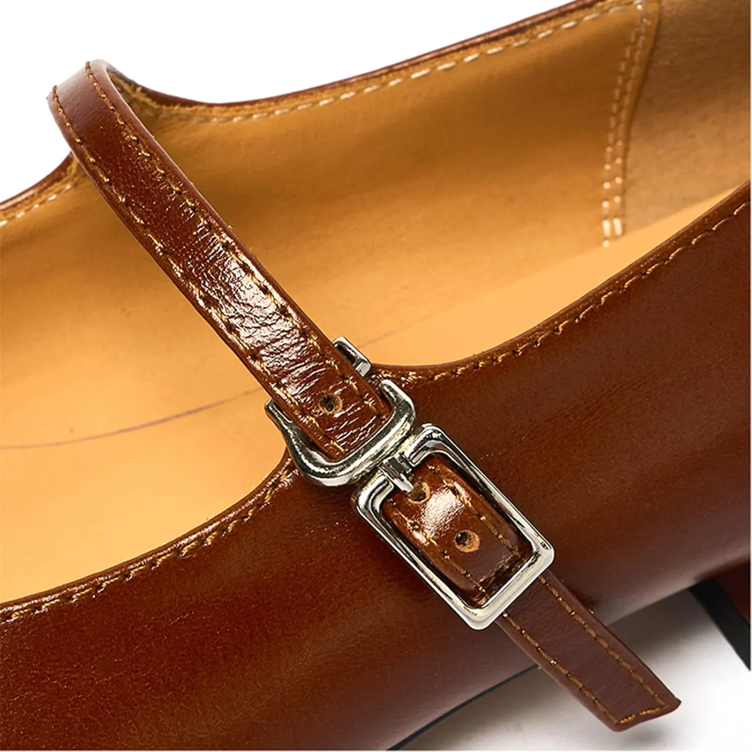 Lutalica W Women's Stylish Closed Cap Toe Matte Leather Two-Tone Instep Strap Ballet Flats Office Lady Comfort Round Toe Dress Mary Jane Flat Pumps Shoes