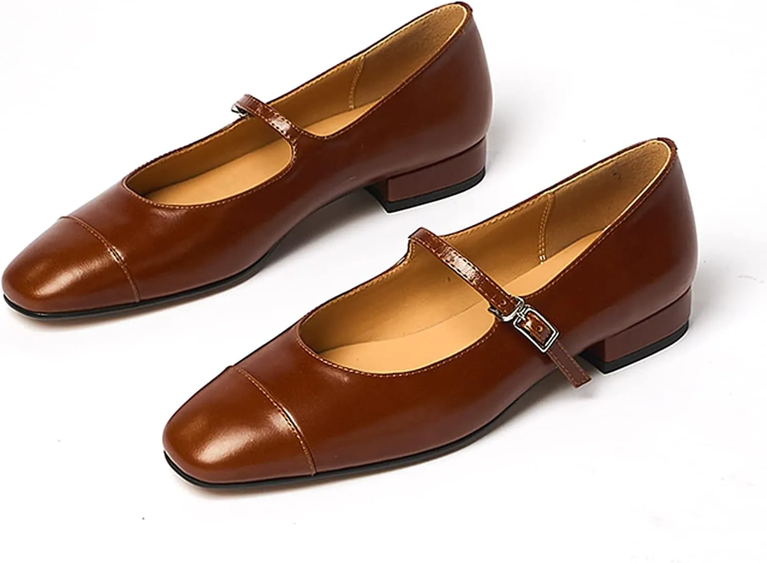 Lutalica W Women's Stylish Closed Cap Toe Matte Leather Two-Tone Instep Strap Ballet Flats Office Lady Comfort Round Toe Dress Mary Jane Flat Pumps Shoes