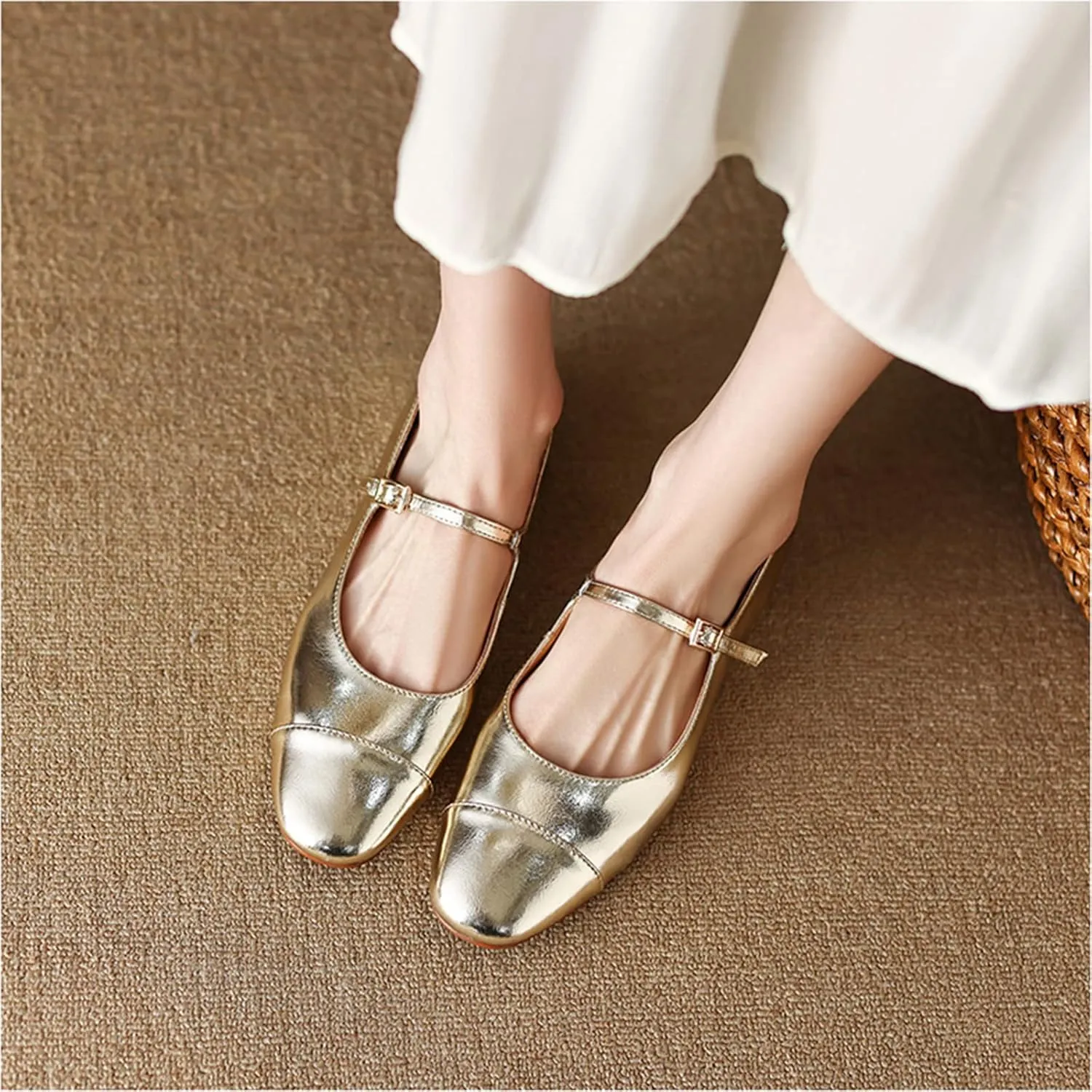 Lutalica W Women's Stylish Closed Cap Toe Matte Leather Two-Tone Instep Strap Ballet Flats Office Lady Comfort Round Toe Dress Mary Jane Flat Pumps Shoes