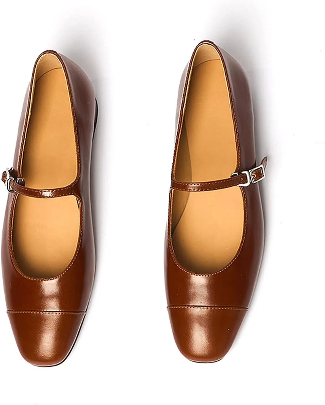 Lutalica W Women's Stylish Closed Cap Toe Matte Leather Two-Tone Instep Strap Ballet Flats Office Lady Comfort Round Toe Dress Mary Jane Flat Pumps Shoes