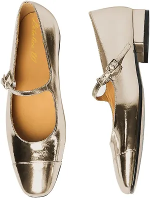 Lutalica W Women's Stylish Closed Cap Toe Matte Leather Two-Tone Instep Strap Ballet Flats Office Lady Comfort Round Toe Dress Mary Jane Flat Pumps Shoes