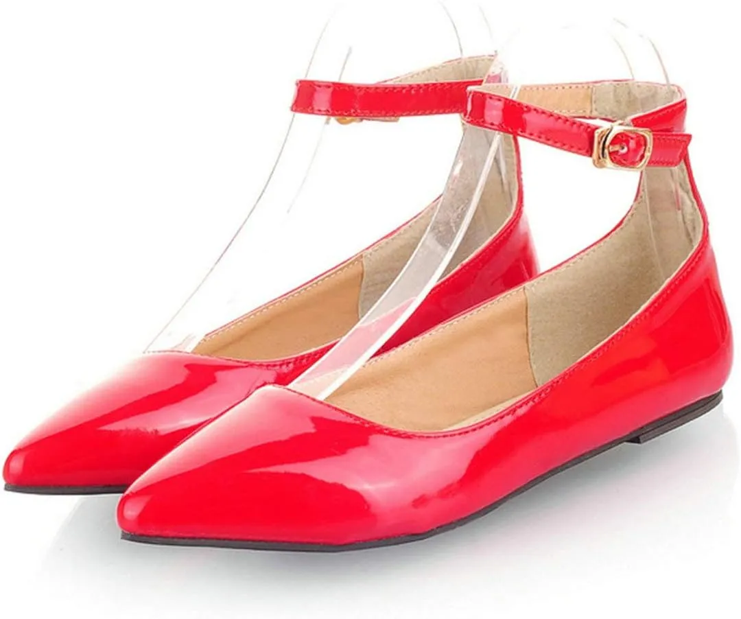 LUXMAX Womens Ankle Strap Ballet Flats Patent Leather Pointy Toe Pumps
