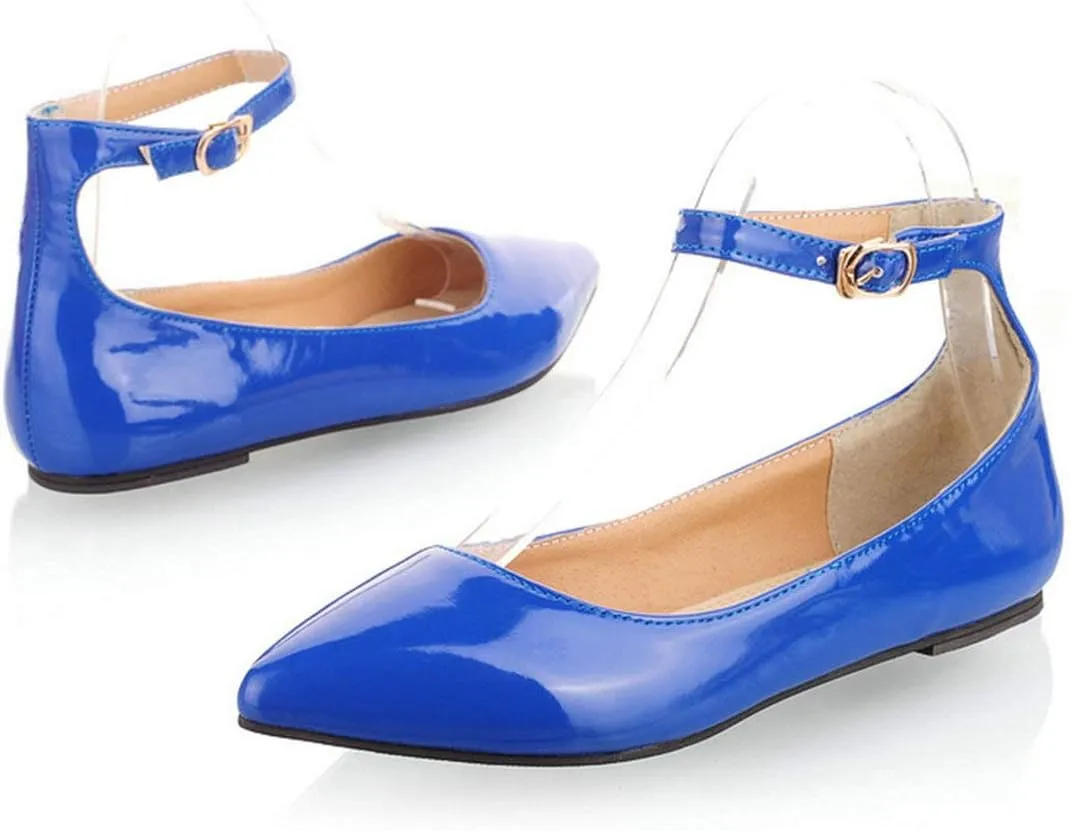 LUXMAX Womens Ankle Strap Ballet Flats Patent Leather Pointy Toe Pumps