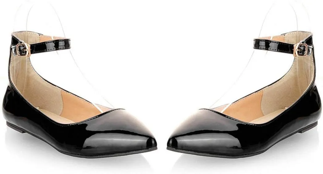 LUXMAX Womens Ankle Strap Ballet Flats Patent Leather Pointy Toe Pumps