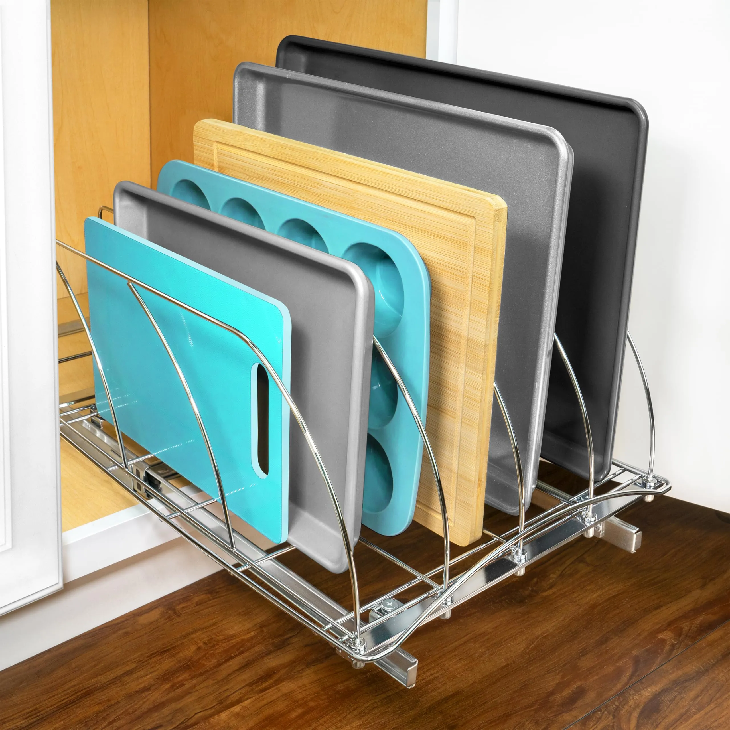 LYNK PROFESSIONAL® Pull Out Cutting Board, Cookie Sheet, and Baking Pan Organizer Rack - Lifetime Ltd. Warranty - Slide Out Kitchen Cabinet Organizers – 14W x 21D - Pullout Shelf, Extra-Large, Chrome