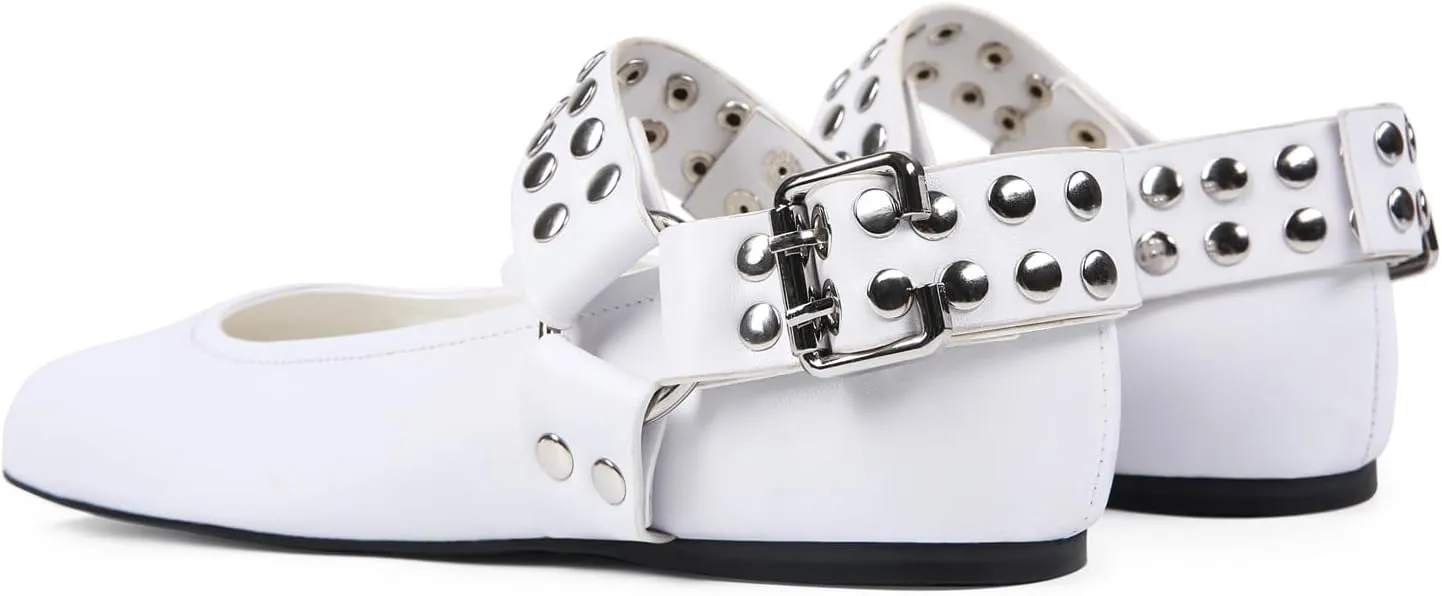 Mary Jane Flats for Women Square Toe Ballet Flats Studded Ankle Buckle Strap Comfortable Dressy Ballerina Shoes
