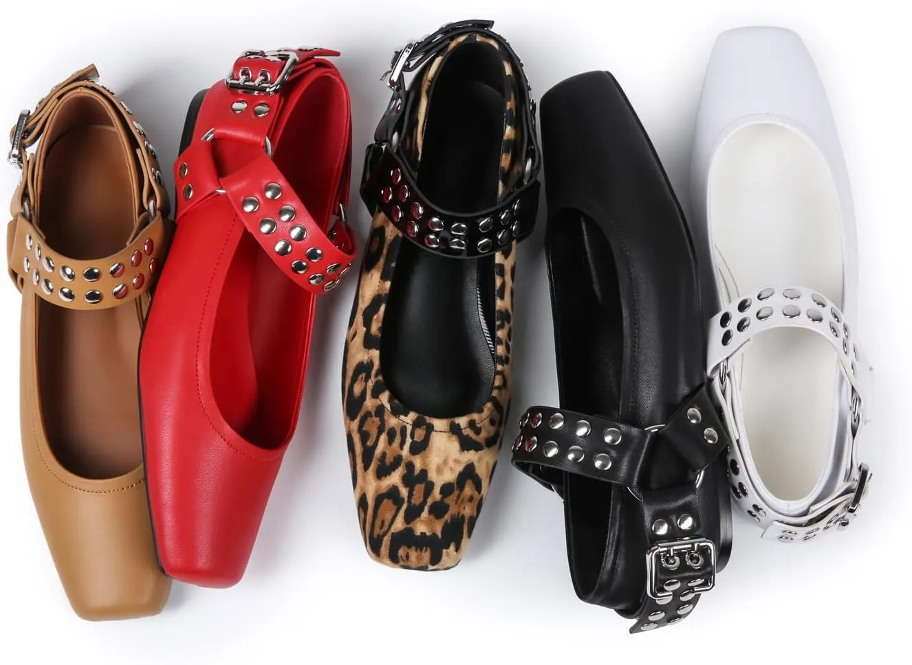 Mary Jane Flats for Women Square Toe Ballet Flats Studded Ankle Buckle Strap Comfortable Dressy Ballerina Shoes