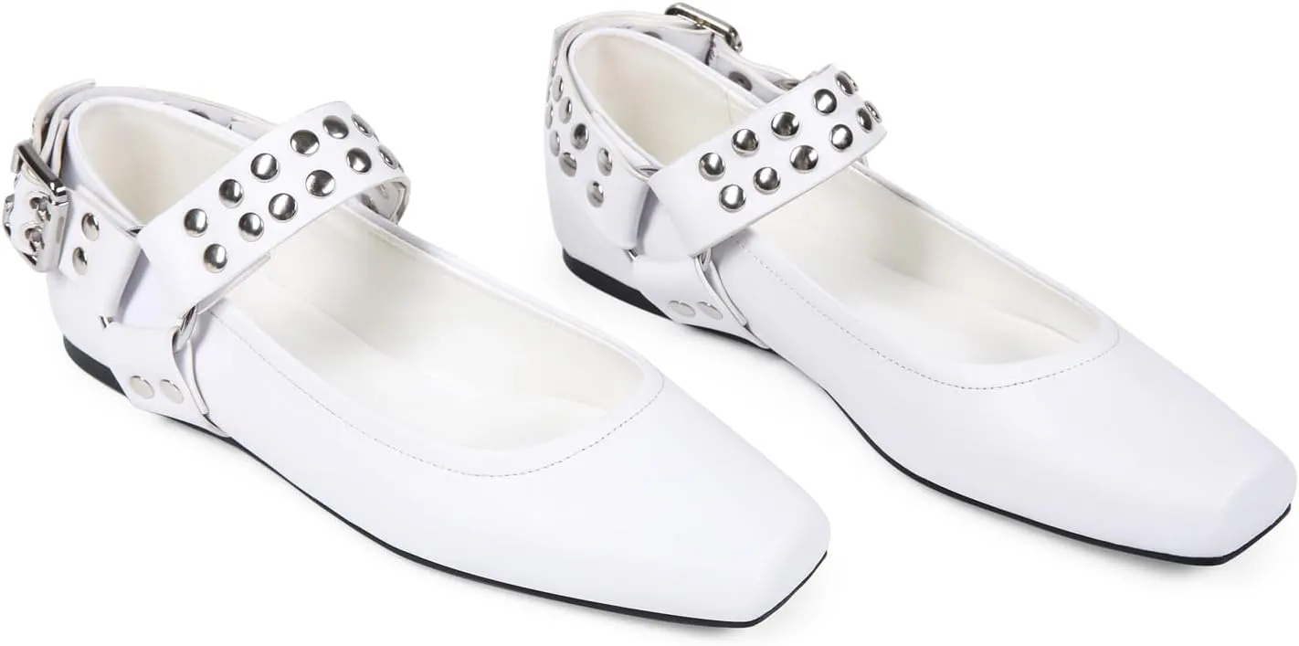 Mary Jane Flats for Women Square Toe Ballet Flats Studded Ankle Buckle Strap Comfortable Dressy Ballerina Shoes