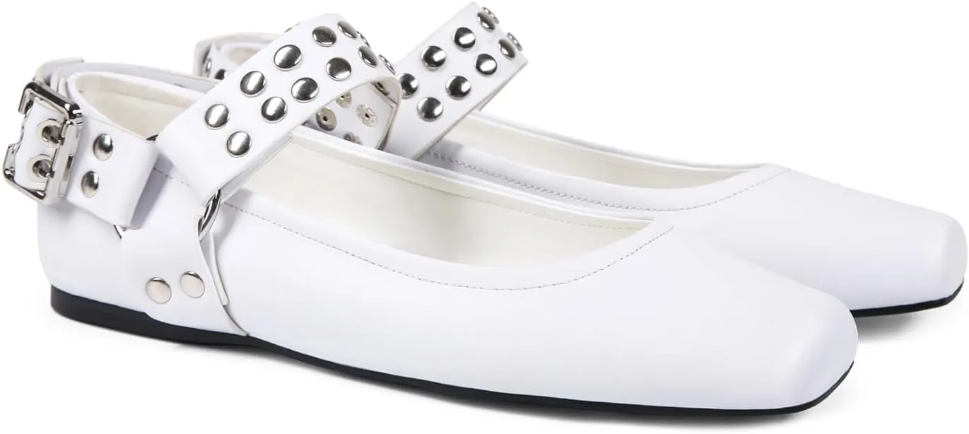 Mary Jane Flats for Women Square Toe Ballet Flats Studded Ankle Buckle Strap Comfortable Dressy Ballerina Shoes