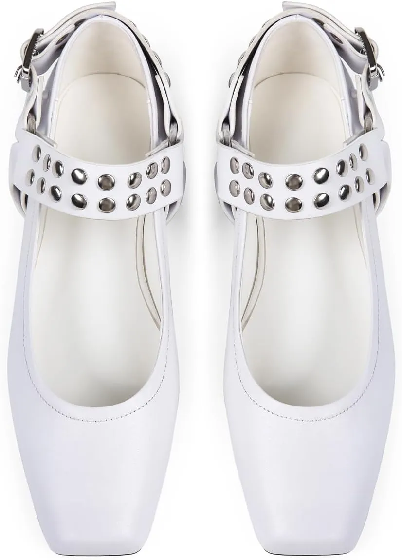 Mary Jane Flats for Women Square Toe Ballet Flats Studded Ankle Buckle Strap Comfortable Dressy Ballerina Shoes