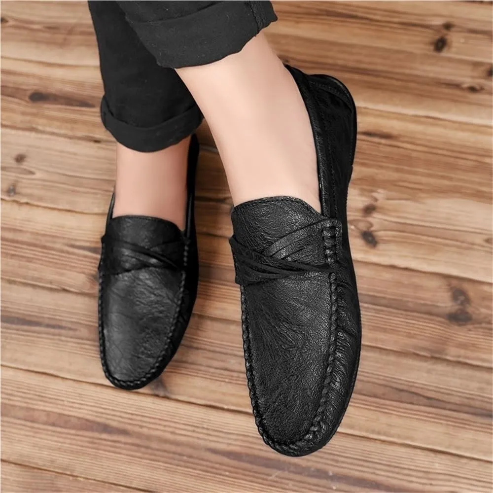 Mens Loafers Round Toe Vegan Leather Shoes Comfortable Anti-Slip Flat Heel Classic Slip On