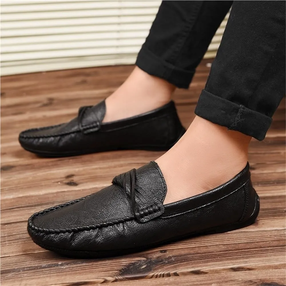 Mens Loafers Round Toe Vegan Leather Shoes Comfortable Anti-Slip Flat Heel Classic Slip On