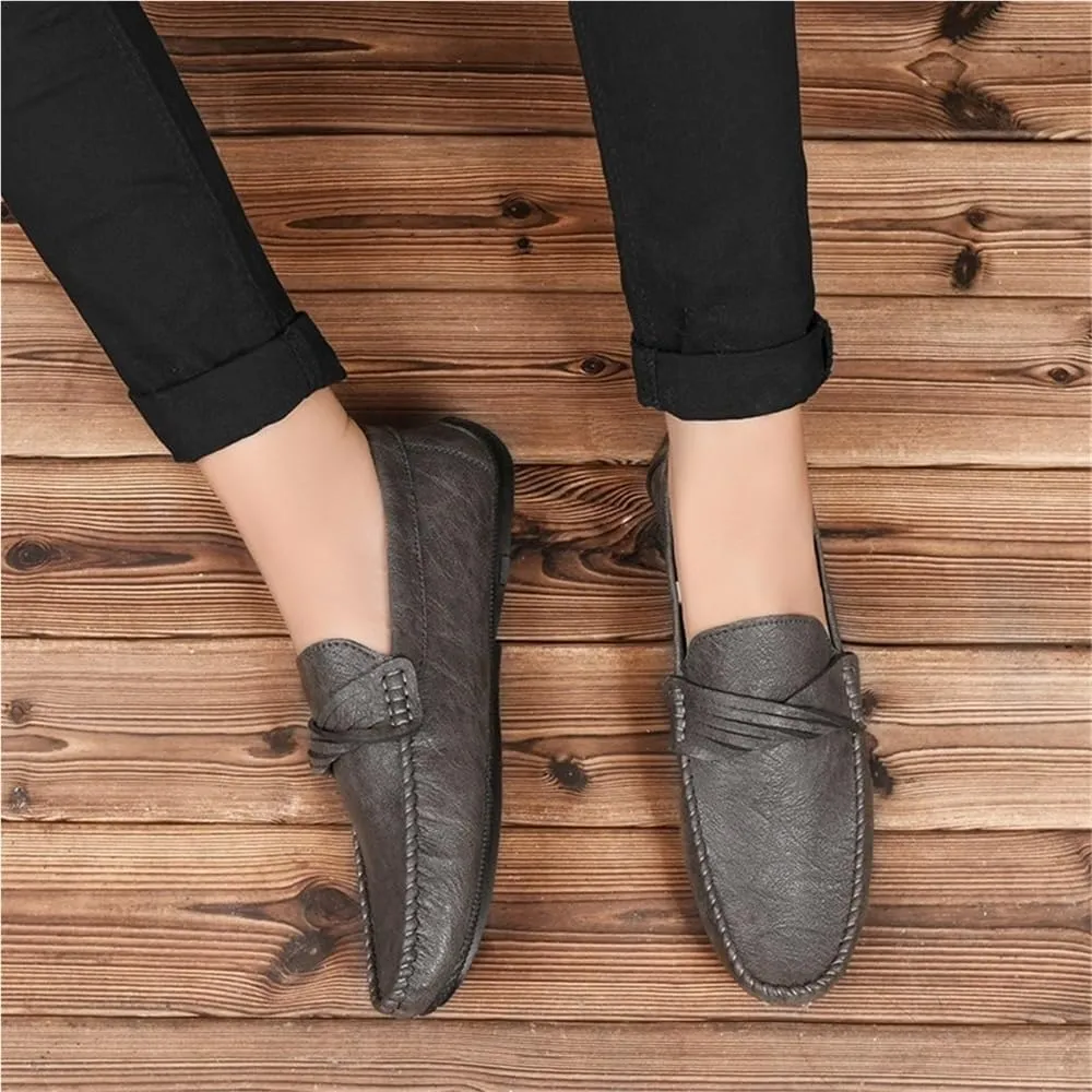 Mens Loafers Round Toe Vegan Leather Shoes Comfortable Anti-Slip Flat Heel Classic Slip On