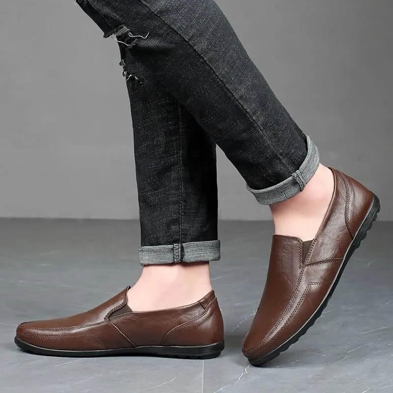 Mens Loafers Round Toe Vegan Leather Solid Color Loafer Shoes Flexible Anti-Slip Flat Heel Outdoor Slip On