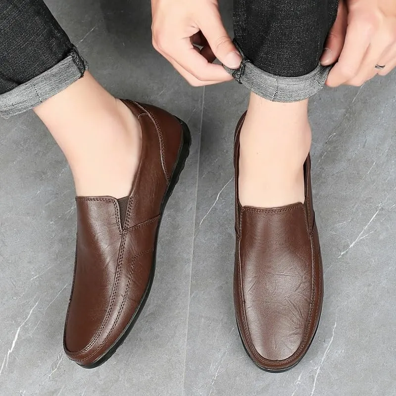 Mens Loafers Round Toe Vegan Leather Solid Color Loafer Shoes Flexible Anti-Slip Flat Heel Outdoor Slip On