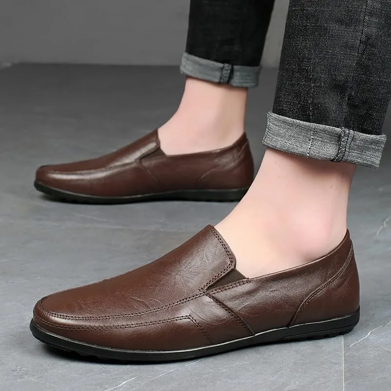 Mens Loafers Round Toe Vegan Leather Solid Color Loafer Shoes Flexible Anti-Slip Flat Heel Outdoor Slip On