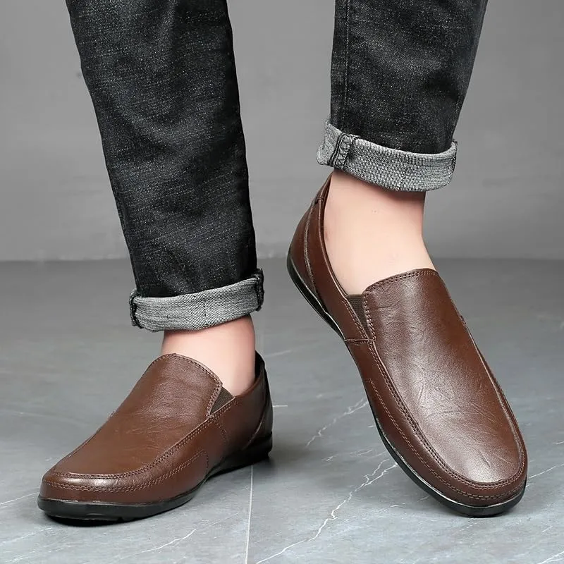 Mens Loafers Round Toe Vegan Leather Solid Color Loafer Shoes Flexible Anti-Slip Flat Heel Outdoor Slip On