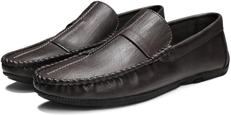Mens Loafers Stitching Details Round Toe Moccasins Shoes Vegan Leather Lightweight Anti-Slip Flat Heel Wedding Casual Slip On