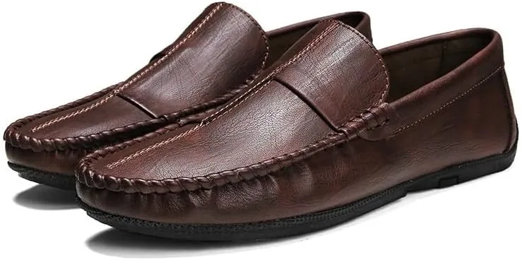 Mens Loafers Stitching Details Round Toe Moccasins Shoes Vegan Leather Lightweight Anti-Slip Flat Heel Wedding Casual Slip On