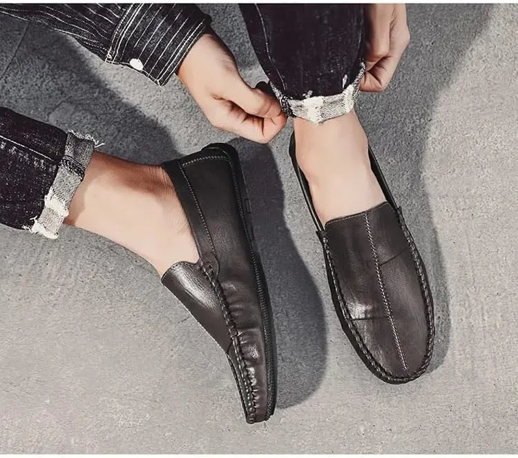 Mens Loafers Stitching Details Round Toe Moccasins Shoes Vegan Leather Lightweight Anti-Slip Flat Heel Wedding Casual Slip On