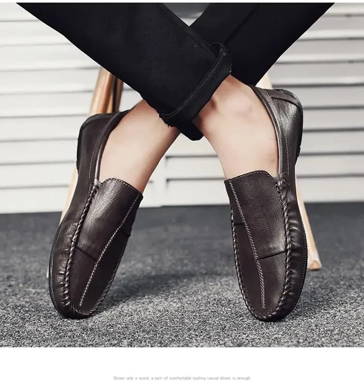 Mens Loafers Stitching Details Round Toe Moccasins Shoes Vegan Leather Lightweight Anti-Slip Flat Heel Wedding Casual Slip On