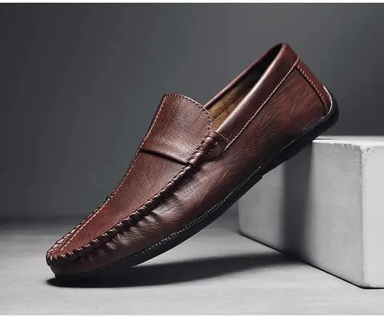 Mens Loafers Stitching Details Round Toe Moccasins Shoes Vegan Leather Lightweight Anti-Slip Flat Heel Wedding Casual Slip On