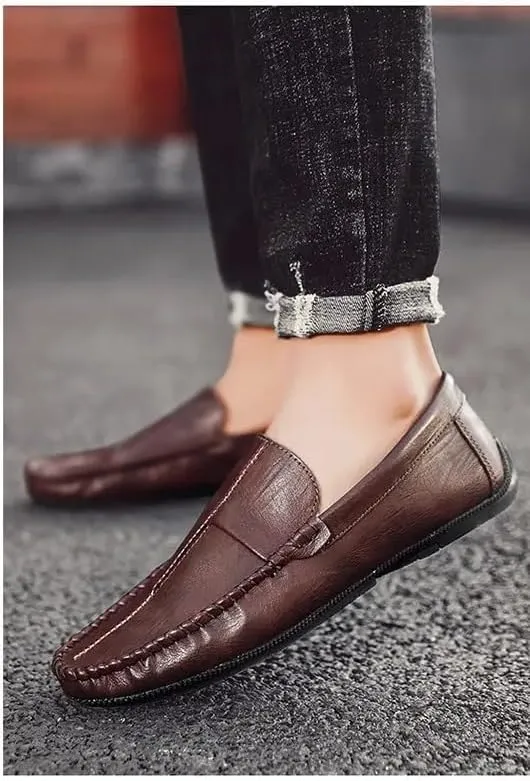 Mens Loafers Stitching Details Round Toe Moccasins Shoes Vegan Leather Lightweight Anti-Slip Flat Heel Wedding Casual Slip On