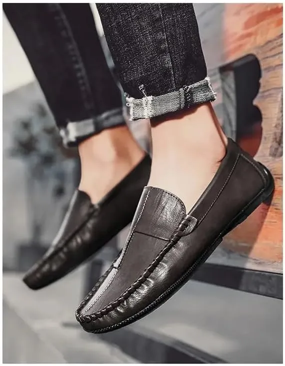 Mens Loafers Stitching Details Round Toe Moccasins Shoes Vegan Leather Lightweight Anti-Slip Flat Heel Wedding Casual Slip On