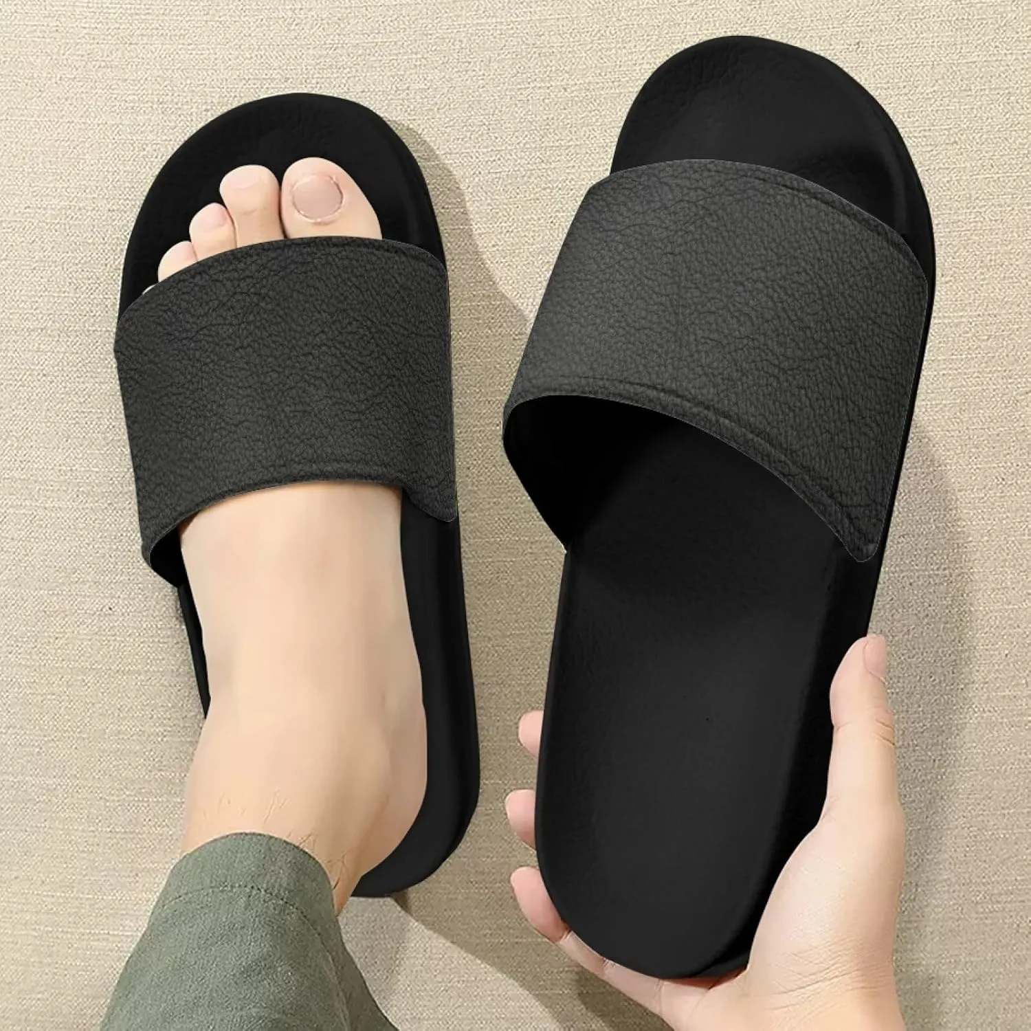 Mens Non-Slip EVA Slide Sandals Pool House Beach Footwear Comfy Open Toe Flat Shoes Single Band Slippers Slip On Shower Shoes With Soft Leather