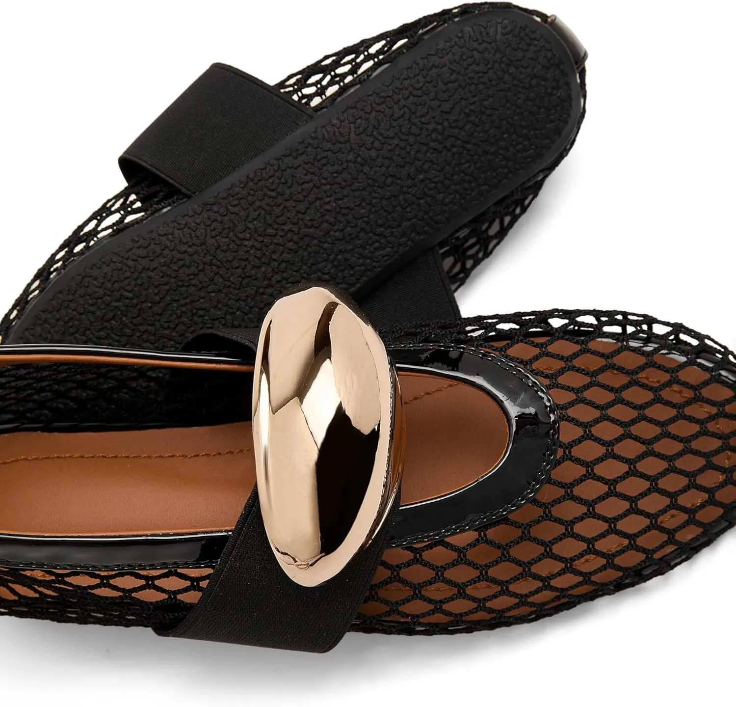 Mesh Ballet Flats Metal Hole Flat Sparkling Rhinestone Buckle Strap Embellished Mary Jane Flat Adjust Buckle Closed Round Toe Ballerina Shoes Metal Strap Flats Low Heel Casual Dress Shoes