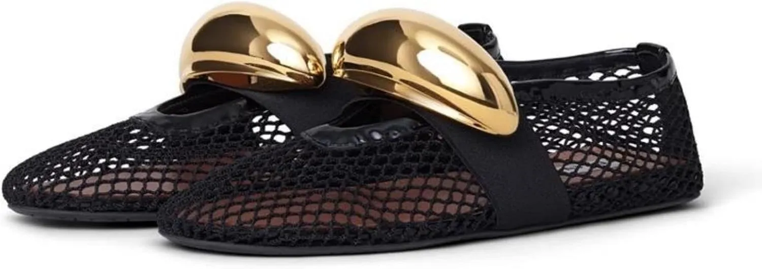 Mesh Ballet Flats Metal Hole Flat Sparkling Rhinestone Buckle Strap Embellished Mary Jane Flat Adjust Buckle Closed Round Toe Ballerina Shoes Metal Strap Flats Low Heel Casual Dress Shoes