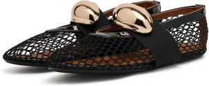 Mesh Ballet Flats Metal Hole Flat Sparkling Rhinestone Buckle Strap Embellished Mary Jane Flat Adjust Buckle Closed Round Toe Ballerina Shoes Metal Strap Flats Low Heel Casual Dress Shoes