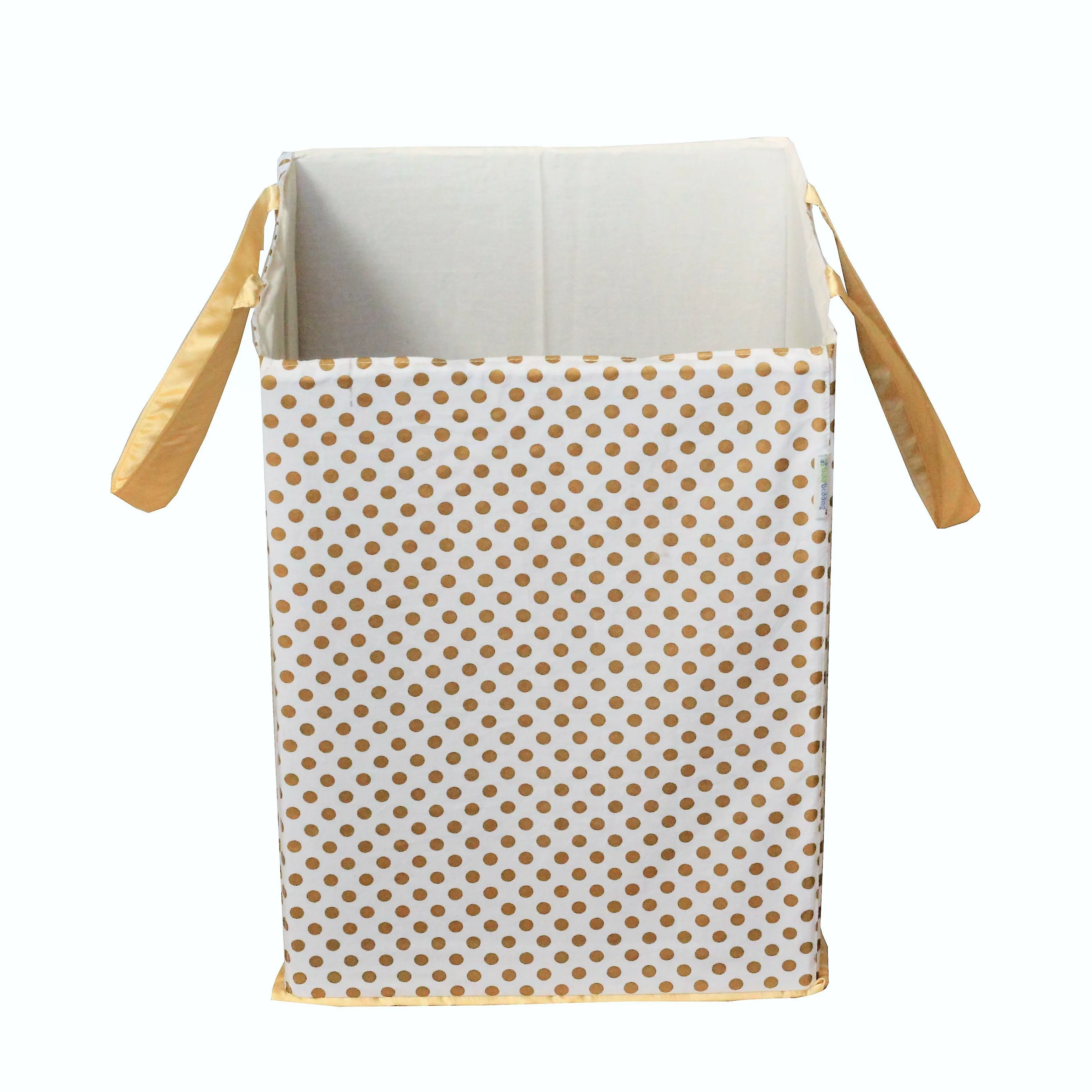 Metallic Fabric Collapsible Cotton Storage Basket or Bin with Gold Satin Highlights, Home Organizer Solution for Office, Bedroom, Closet, Toys, Laundry (Medium – 16x12x12"), Gold Small Dots Hamper