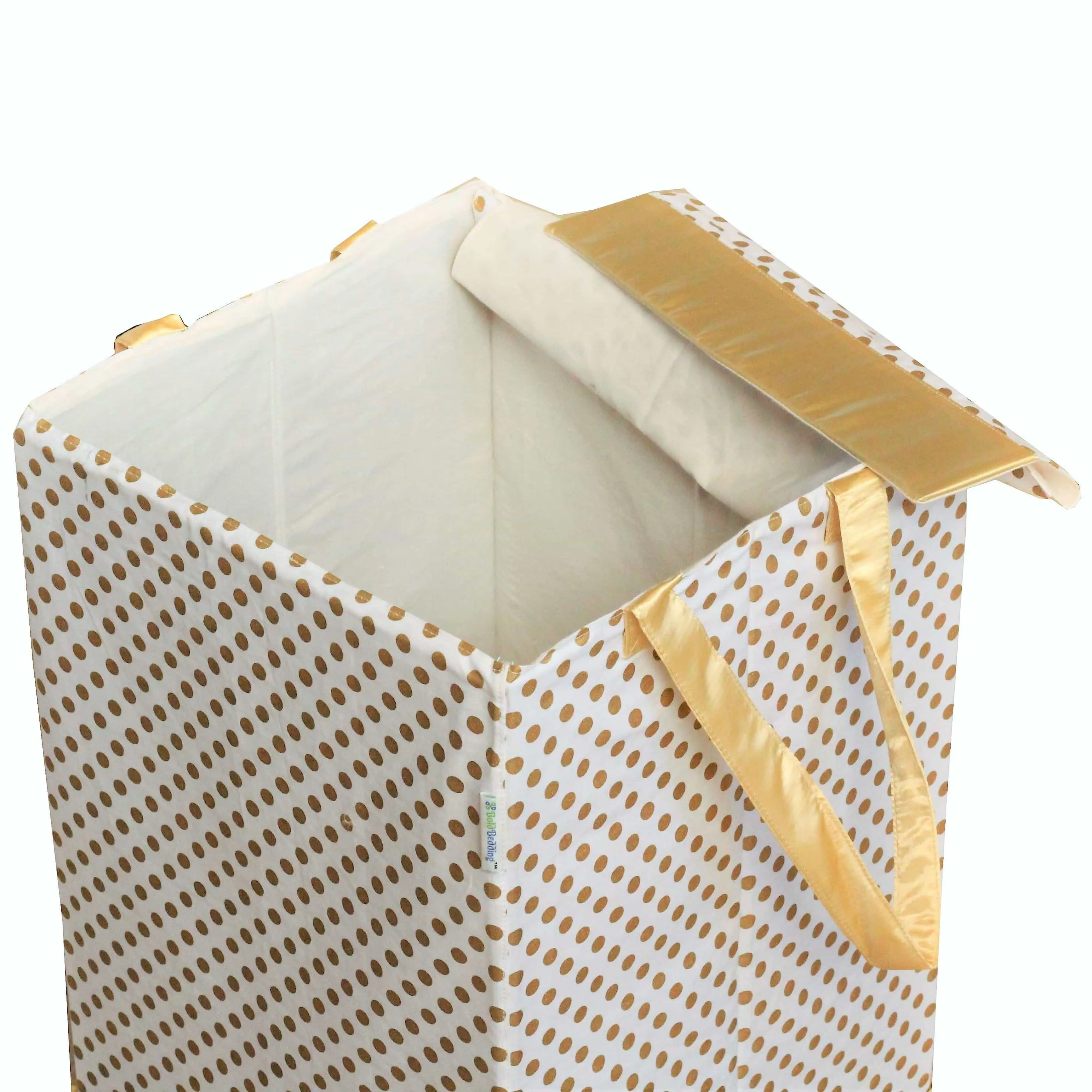 Metallic Fabric Collapsible Cotton Storage Basket or Bin with Gold Satin Highlights, Home Organizer Solution for Office, Bedroom, Closet, Toys, Laundry (Medium – 16x12x12"), Gold Small Dots Hamper