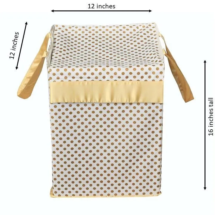 Metallic Fabric Collapsible Cotton Storage Basket or Bin with Gold Satin Highlights, Home Organizer Solution for Office, Bedroom, Closet, Toys, Laundry (Medium – 16x12x12"), Gold Small Dots Hamper
