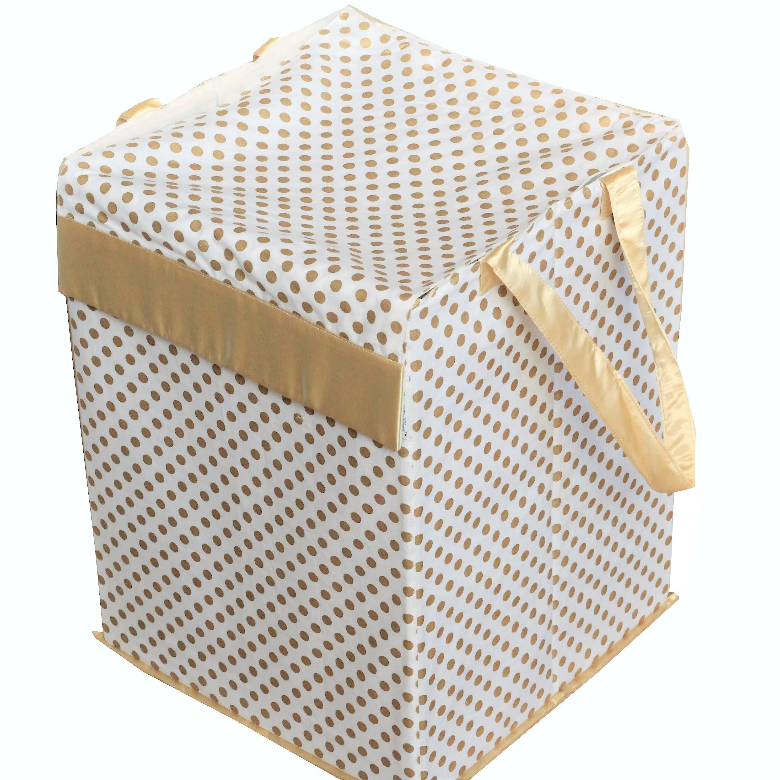 Metallic Fabric Collapsible Cotton Storage Basket or Bin with Gold Satin Highlights, Home Organizer Solution for Office, Bedroom, Closet, Toys, Laundry (Medium – 16x12x12"), Gold Small Dots Hamper